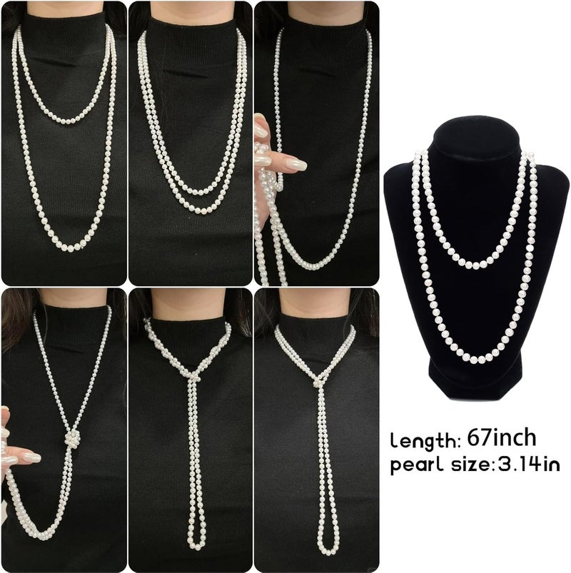 Oskrieel Long White Pearl Necklace 150cm/59 Adjustable Multi-Strand Faux Pearls for Women, Bridal Wedding Vintage Gatsby Jewelry for Party & Elegant Events - Image 1
